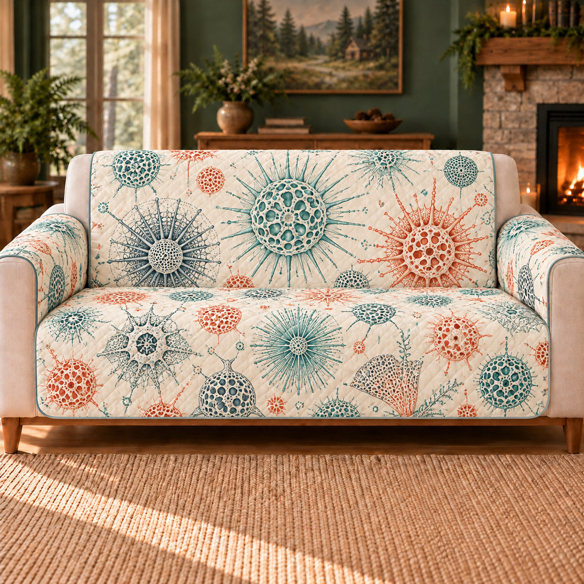 Radiolarian Lace Islands sofa cover on a beige sofa