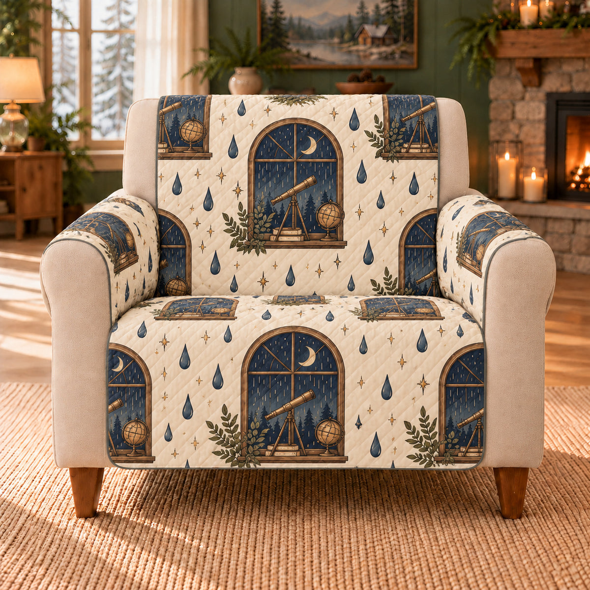 Rain Window Star Repeat sofa cover on a beige armchair