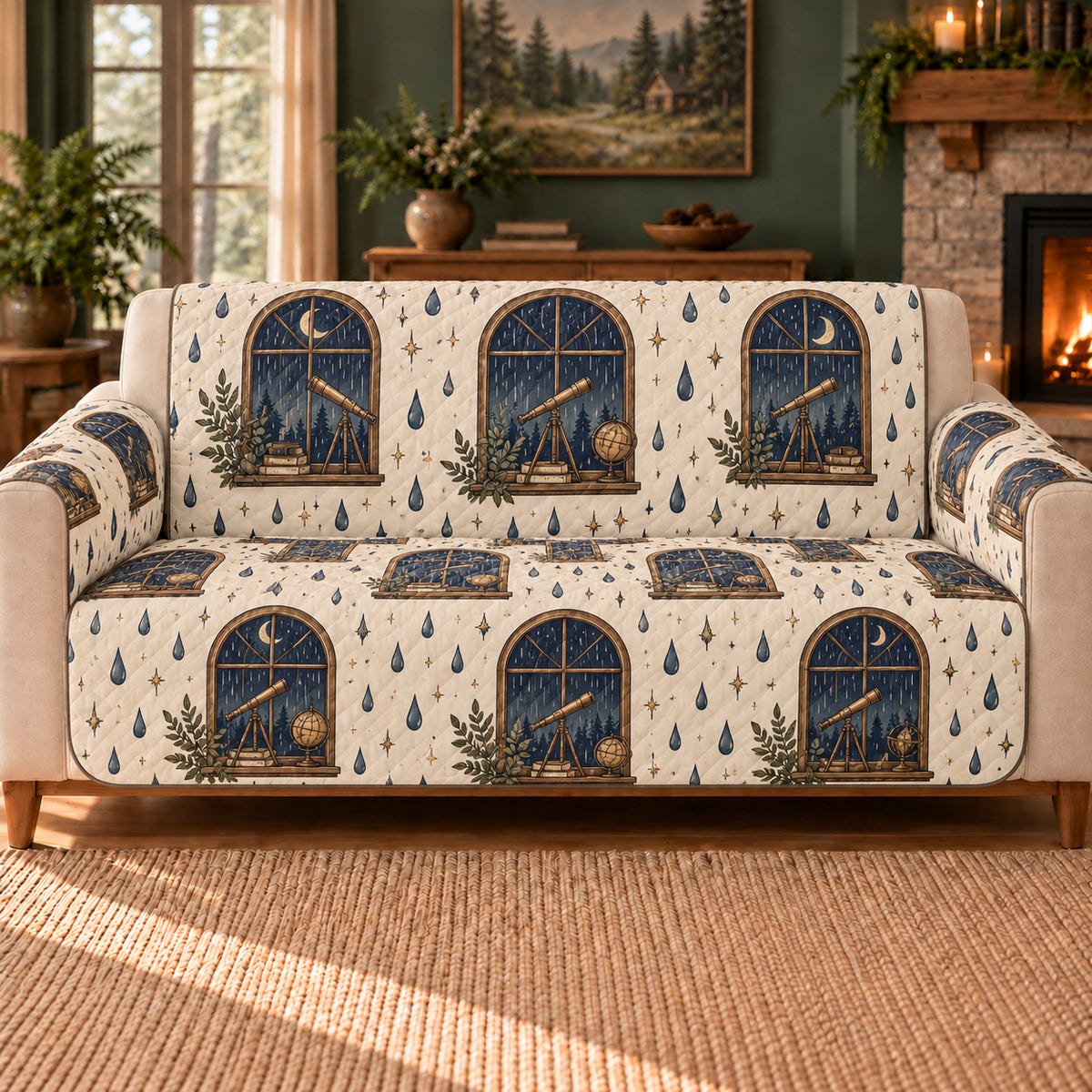 Rain Window Star Repeat sofa cover on a beige sofa