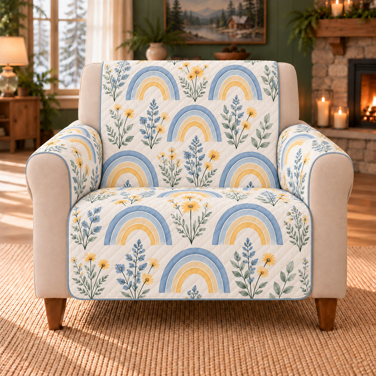 Rainbow Garden Arches sofa cover on a beige armchair