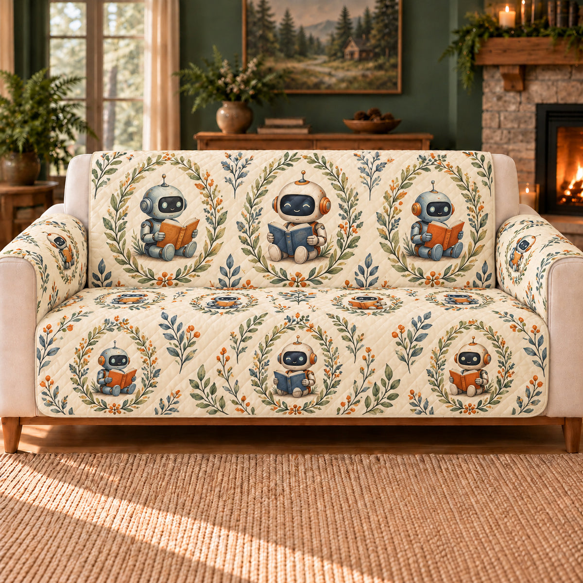 Reading Robot Cameos sofa cover on a beige sofa