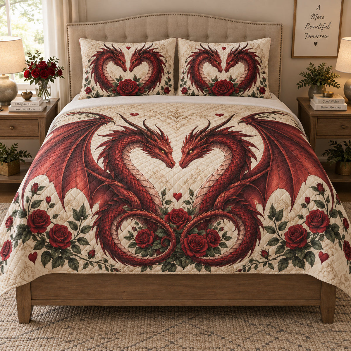 Red Dragon Rose Love Quilt Set: bedroom mockup showing the quilt design and coordinating pillow shams
