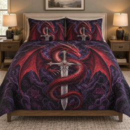 Red Dragon Sword Fantasy Quilt Set