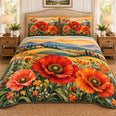 Red Poppy Field Quilt Set, Floral Bedding Gift for Poppy Lovers