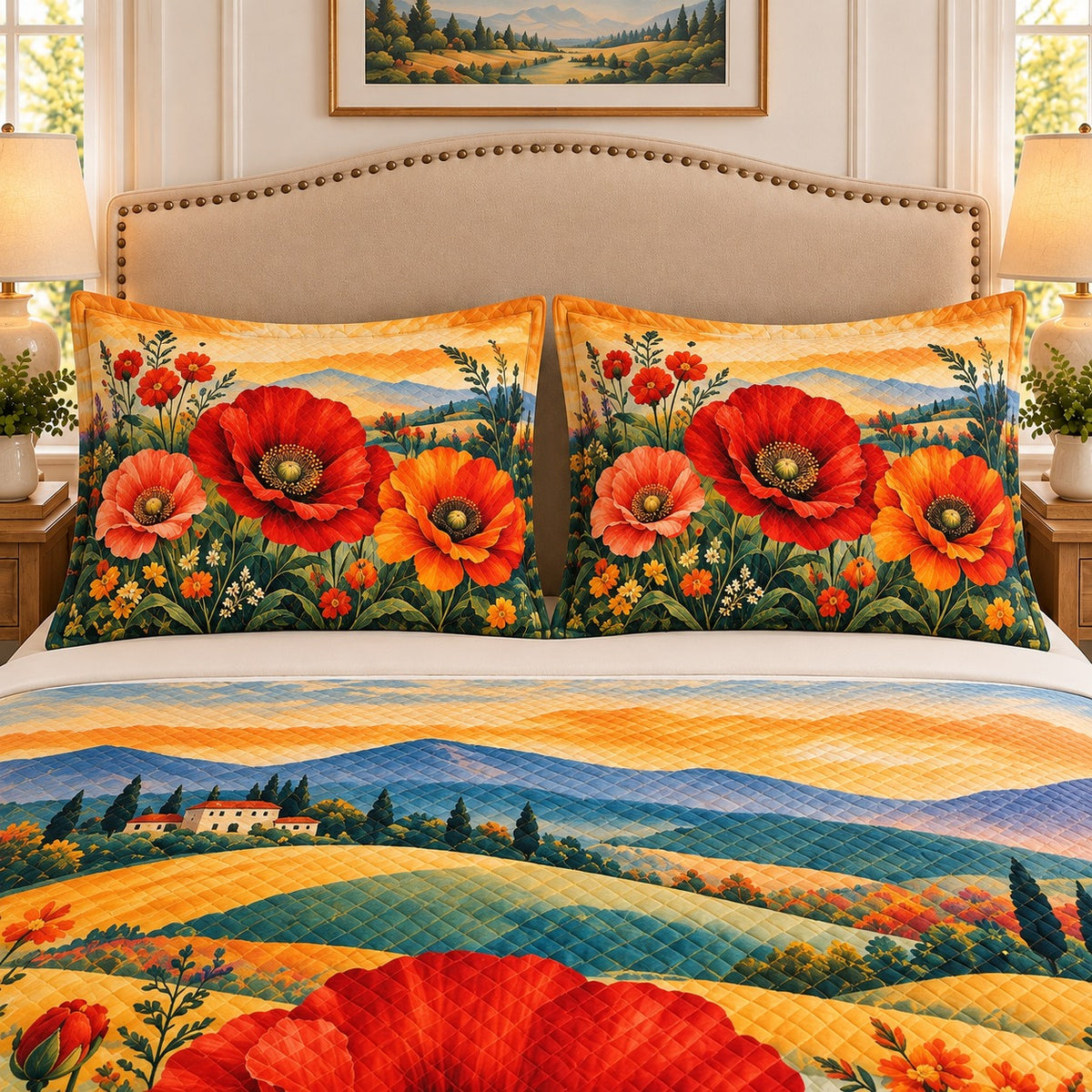 Red poppy field floral quilt set, view 2, AI-generated product mockup