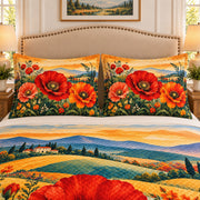 Red poppy field floral quilt set, view 2, AI-generated product mockup