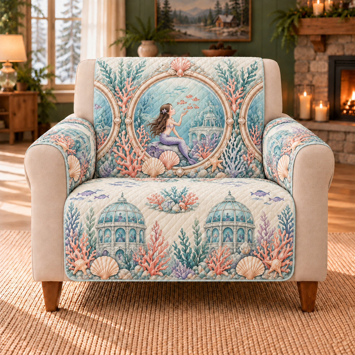 Reef Observatory Windows sofa cover on a beige armchair