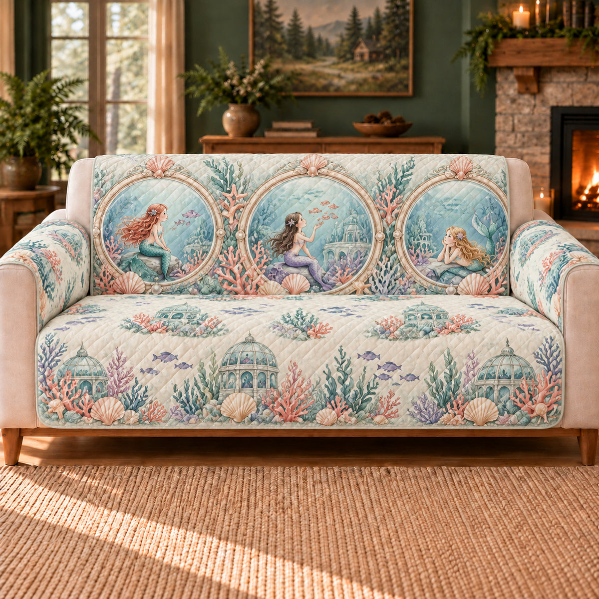 Reef Observatory Windows sofa cover on a beige sofa