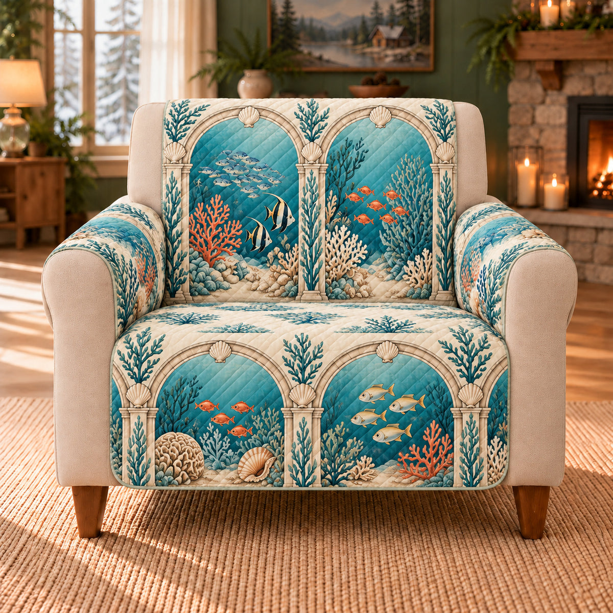 Reef Window Arcade sofa cover on a beige armchair