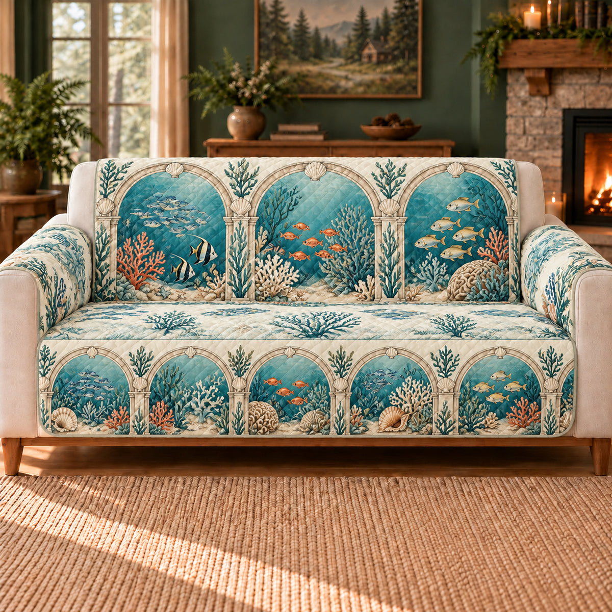 Reef Window Arcade sofa cover on a beige sofa