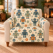 Retro Robot Silhouette Toss sofa cover on a beige armchair