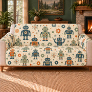 Retro Robot Silhouette Toss sofa cover on a beige sofa