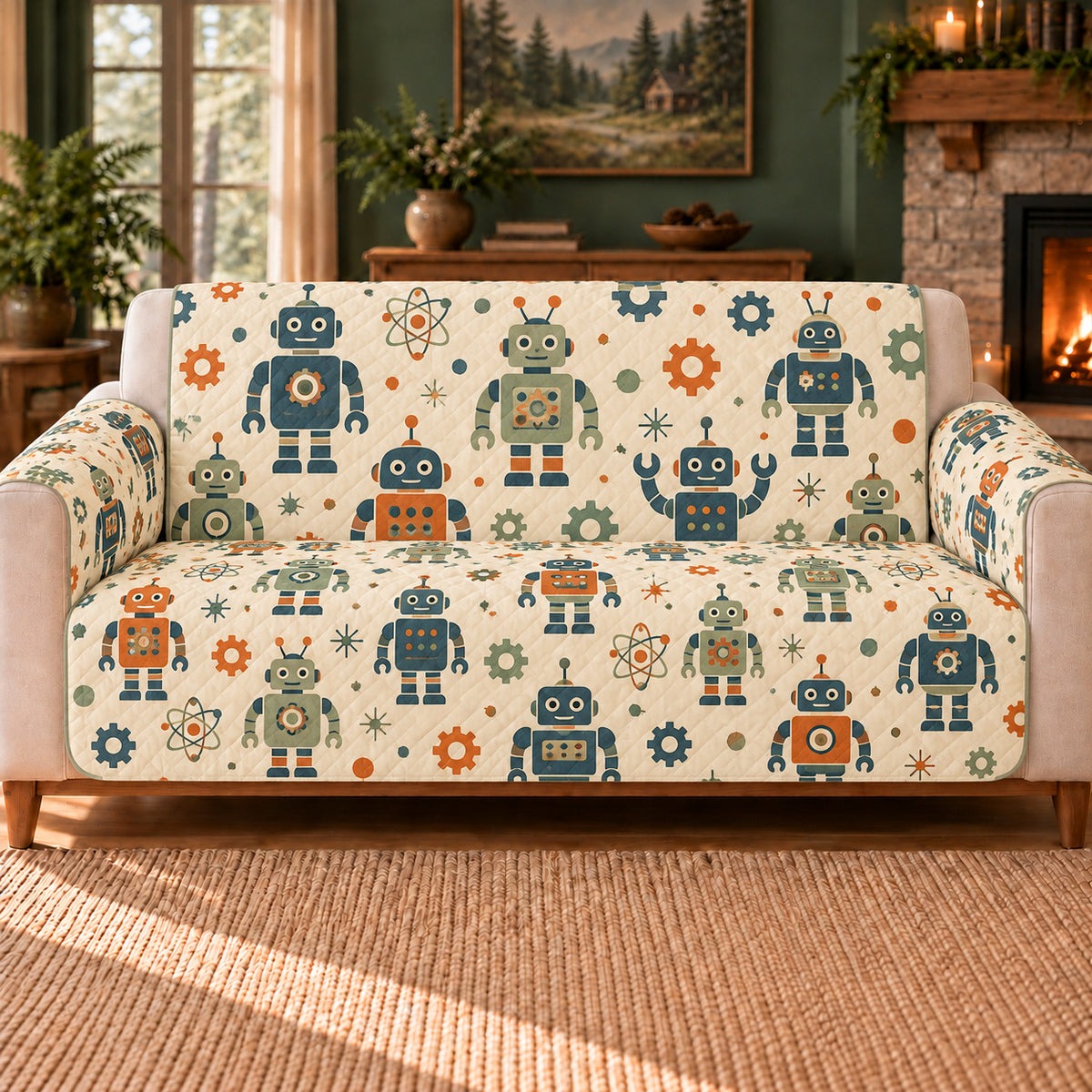 Retro Robot Silhouette Toss sofa cover on a beige sofa