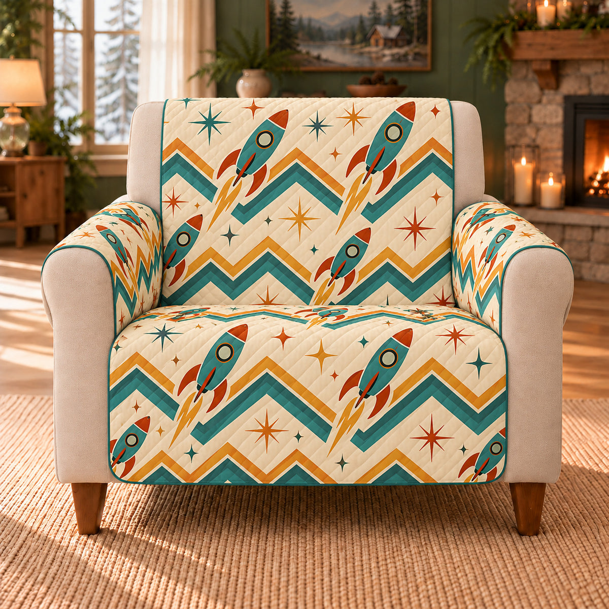 Retro Rocket Chevron sofa cover on a beige armchair