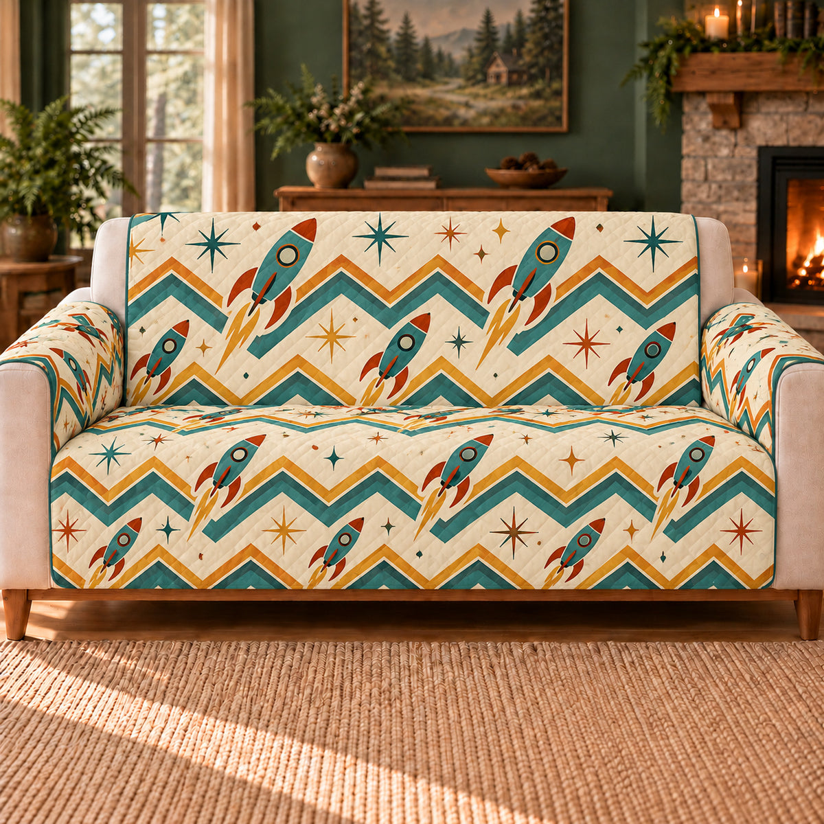 Retro Rocket Chevron sofa cover on a beige sofa