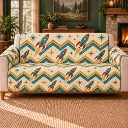 Retro Rocket Chevron Sofa Cover, Retro Space Decor, Gift for Rocket Fans
