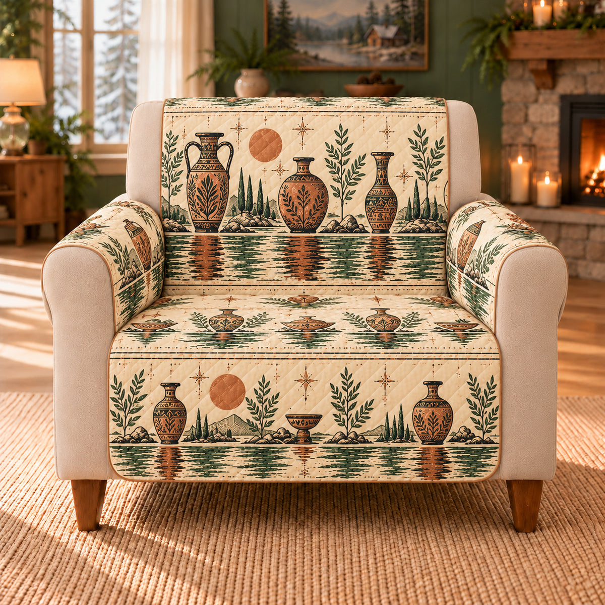River Vessel Reflections sofa cover on a beige armchair