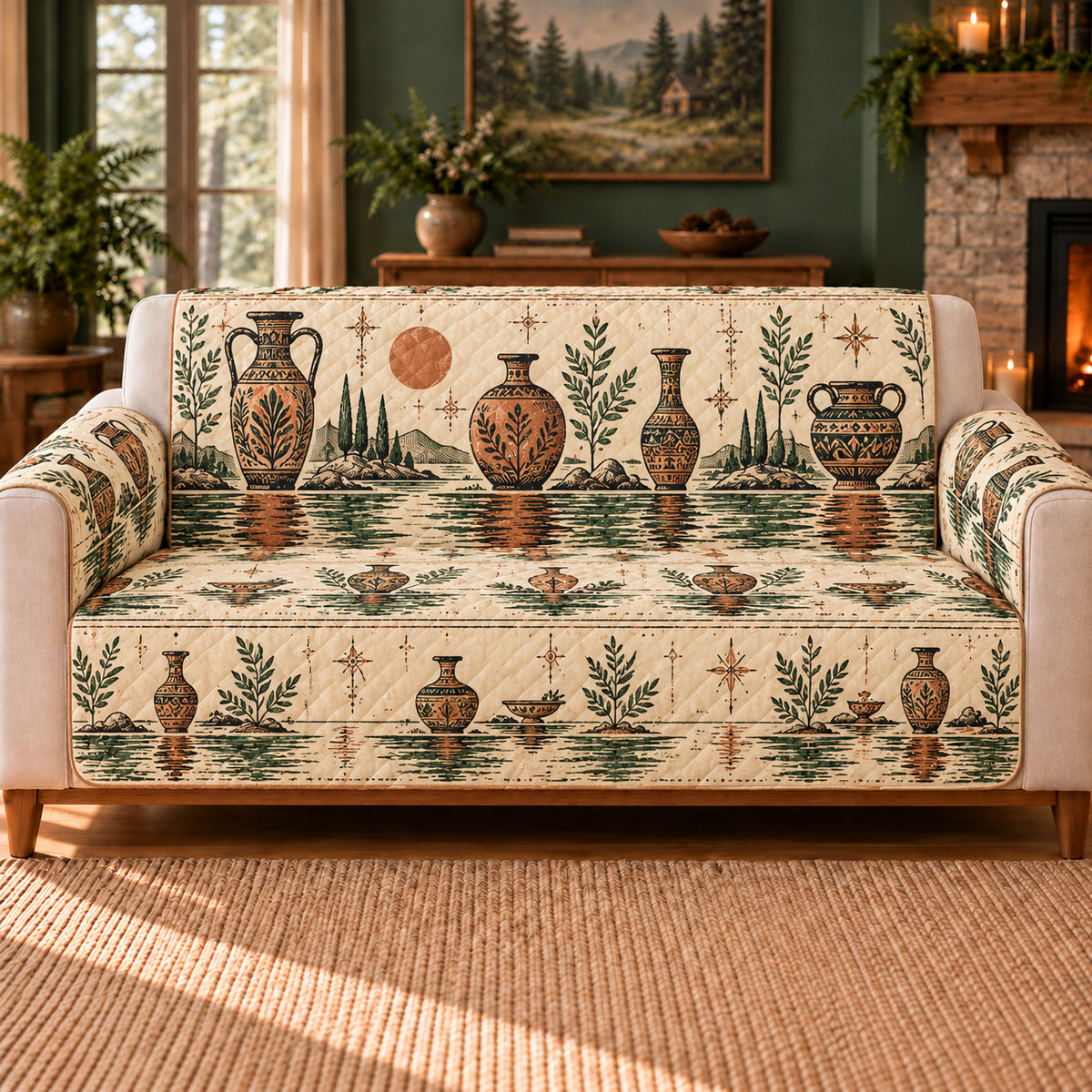 River Vessel Reflections sofa cover on a beige sofa