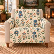 Robot Leaf Repeat sofa cover on a beige armchair