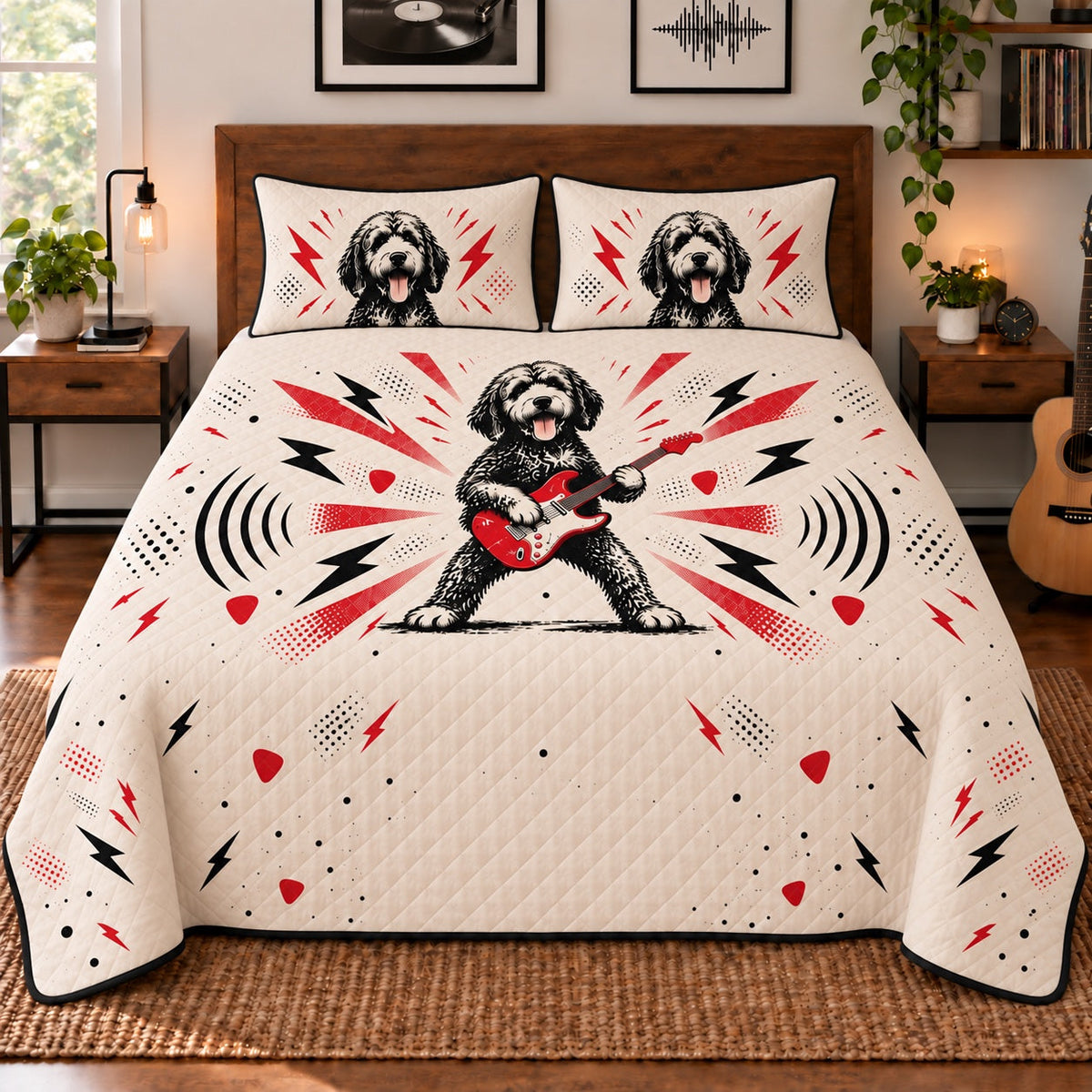 Rock Guitar Doodle Goldendoodle Quilt Set, front Goldendoodle bedroom view
