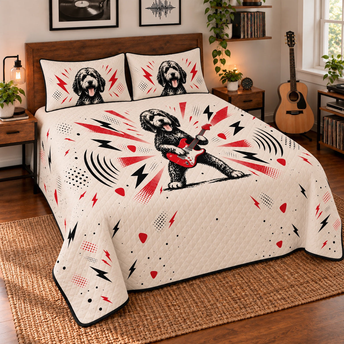 Rock Guitar Doodle Goldendoodle Quilt Set, angled Goldendoodle bedroom view