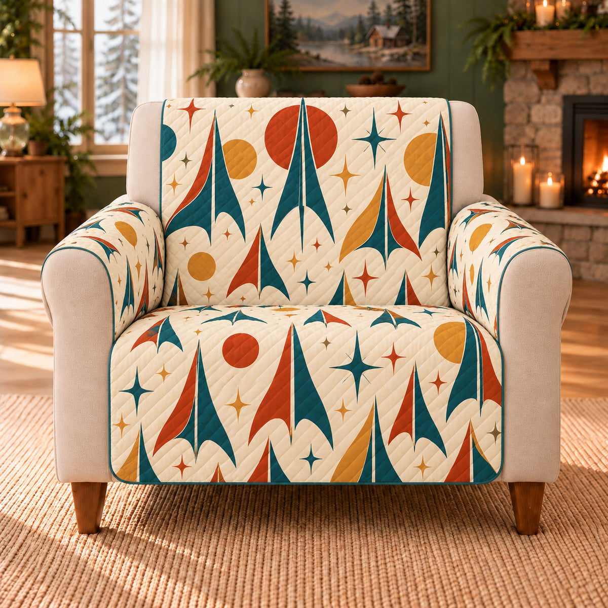 Rocket Fin Geometry sofa cover on a beige armchair