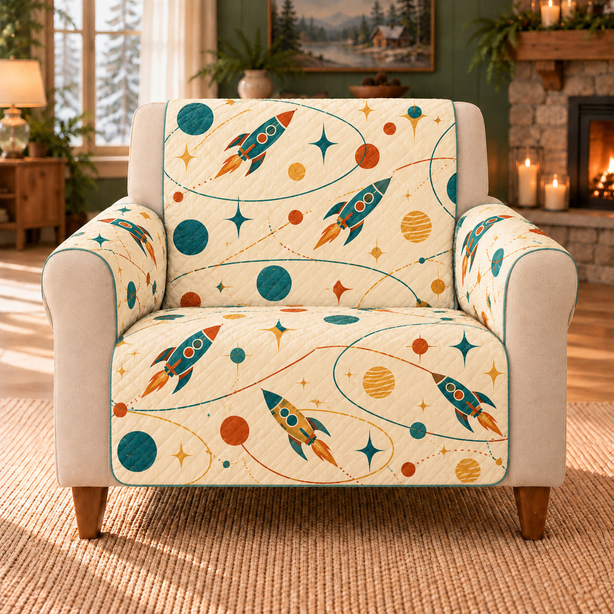 Rocket Orbit Links sofa cover on a beige armchair
