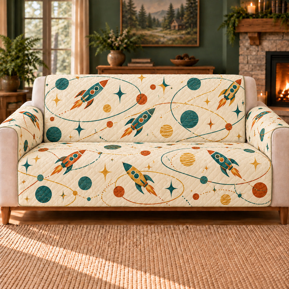 Rocket Orbit Links sofa cover on a beige sofa