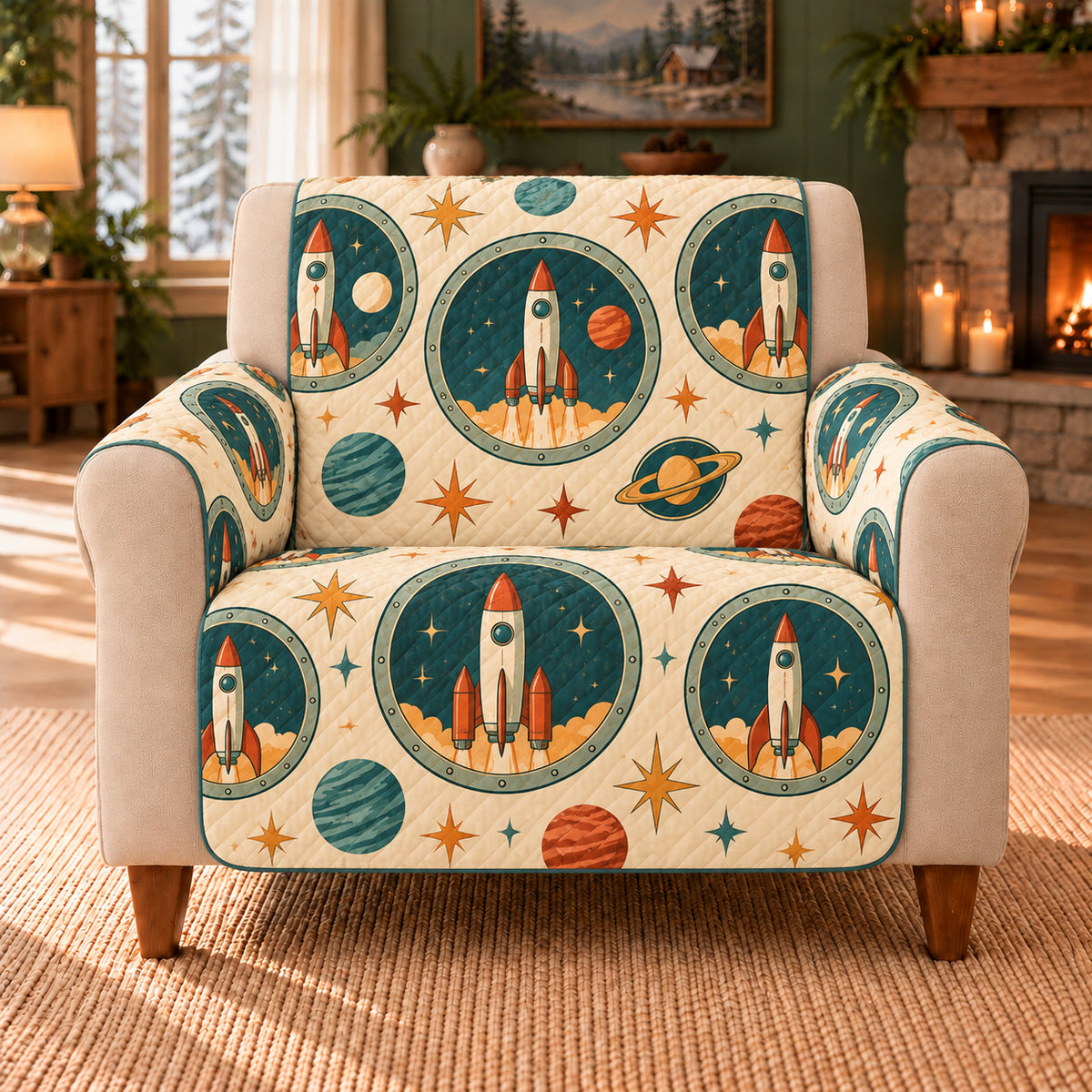 Rocket Window Arcade sofa cover on a beige armchair