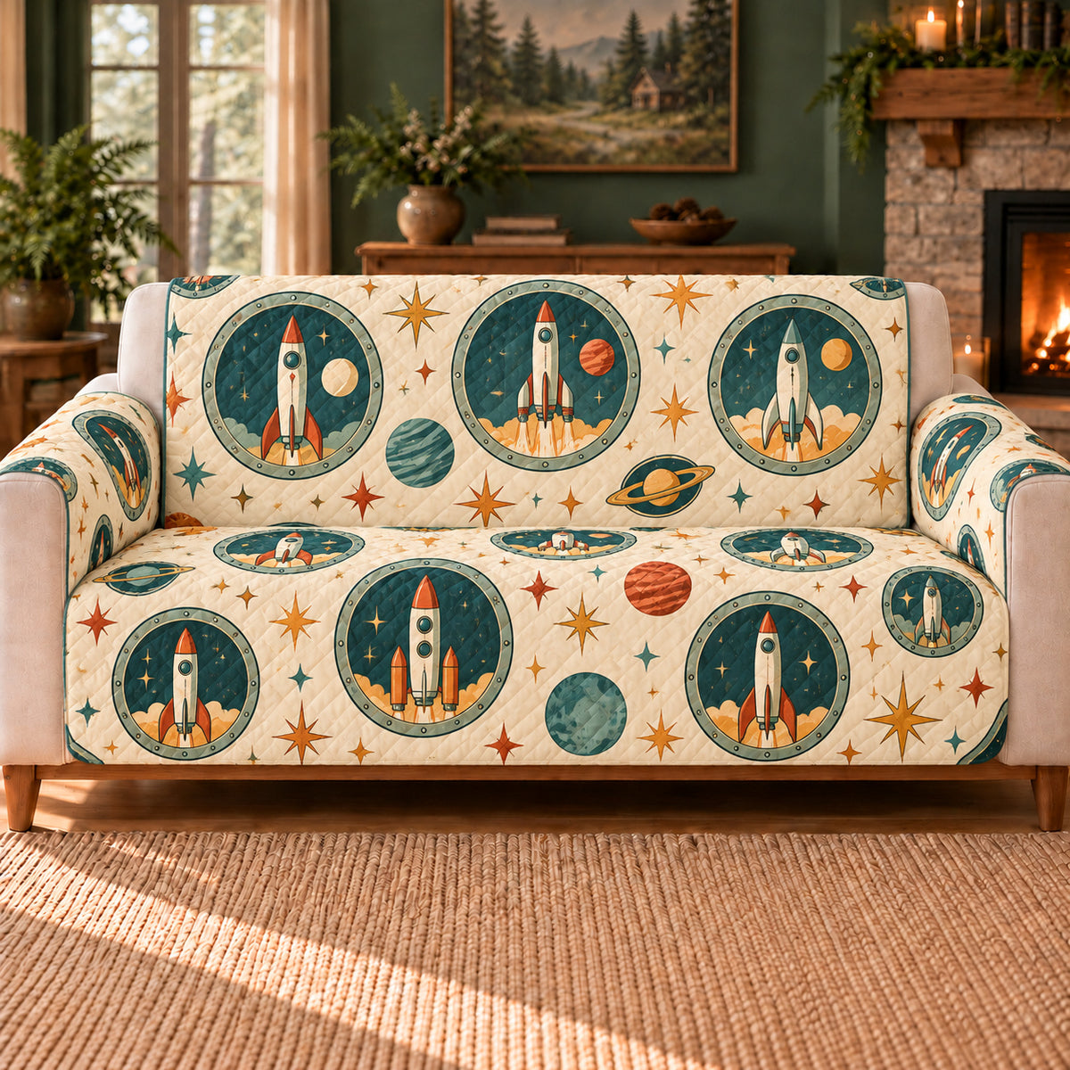 Rocket Window Arcade sofa cover on a beige sofa