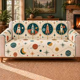 Rocket Window Frieze Sofa Cover, Retro Home Decor, Gift for Mid-Century Fans
