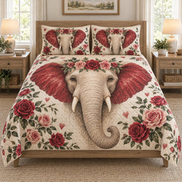 Romantic Elephant Rose Floral Quilt Set