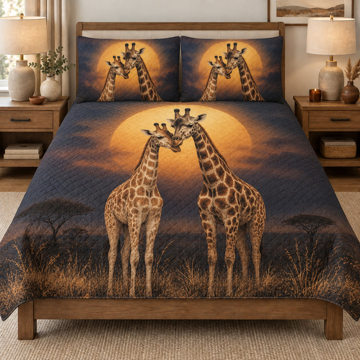 Romantic Giraffe Couple Sunset quilt set displayed on a bed with coordinating pillow shams