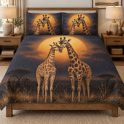 Romantic Giraffe Couple Sunset quilt set displayed on a bed with coordinating pillow shams