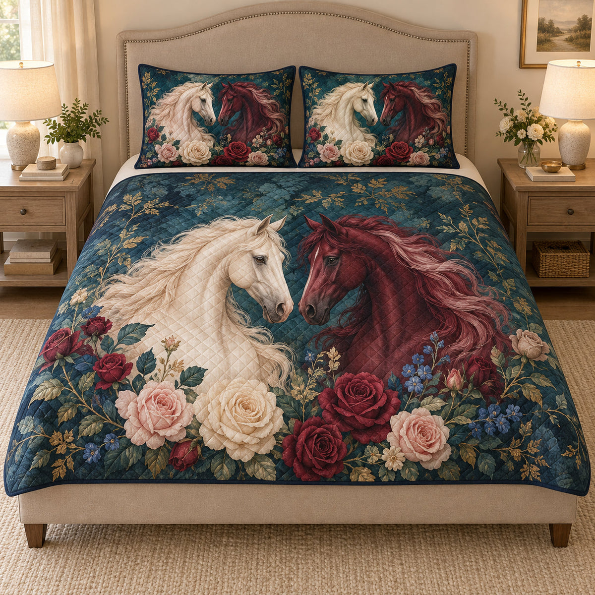 Romantic Horse Rose Floral quilt design with coordinating pillow shams