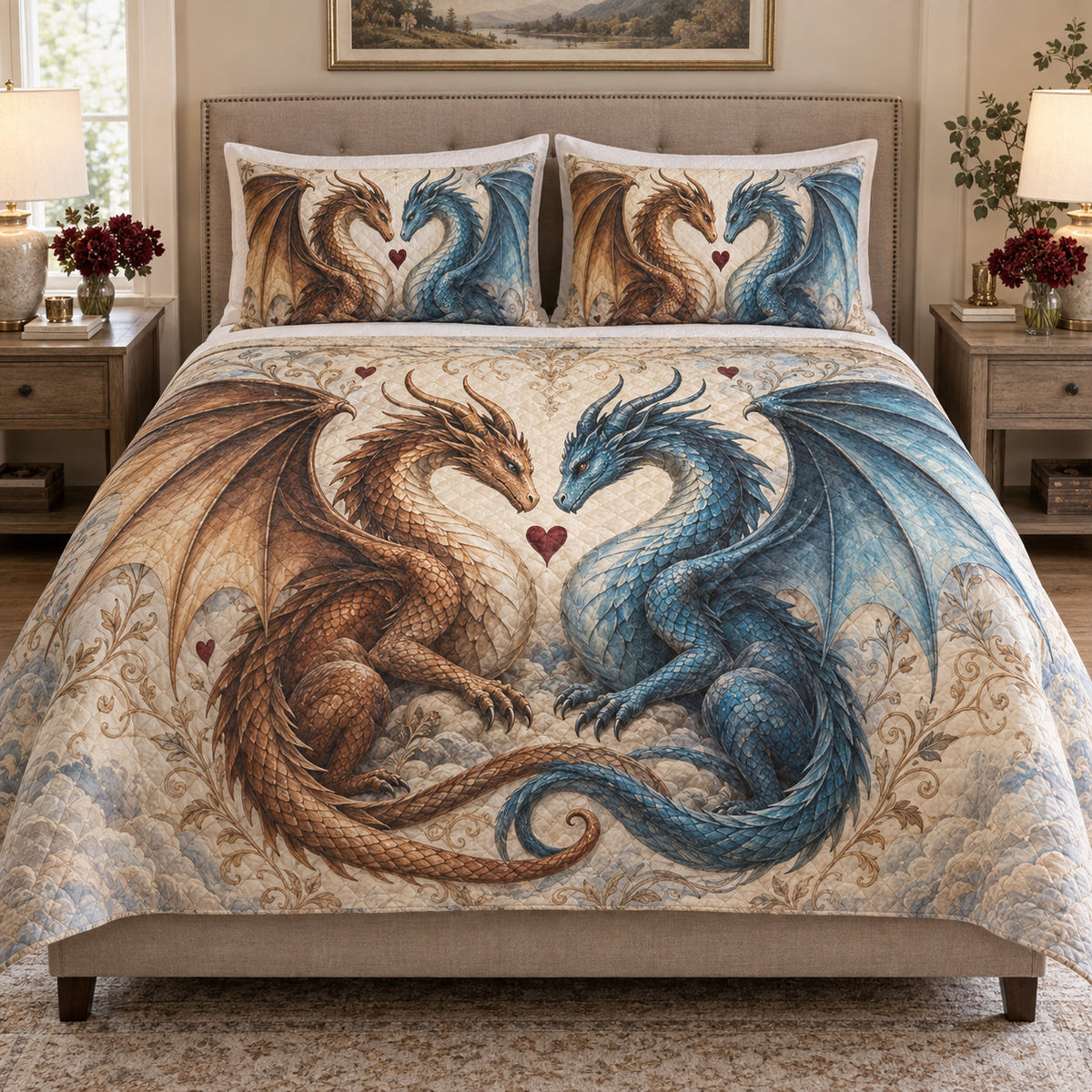 Romantic Twin Dragon Love Quilt Set: bedroom mockup showing the quilt design and coordinating pillow shams