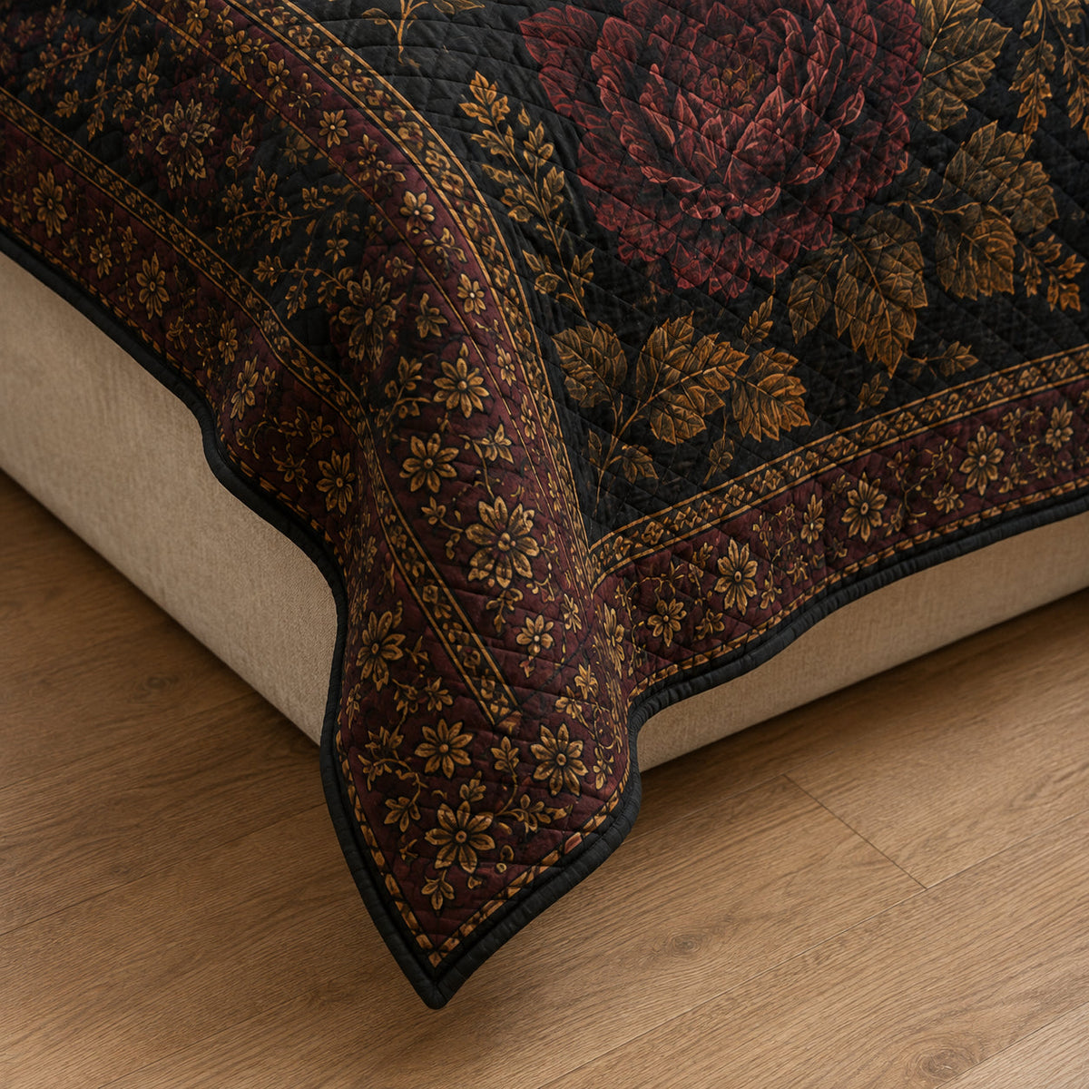 Close-up of diamond stitching and bound edge on the Rottweiler quilt