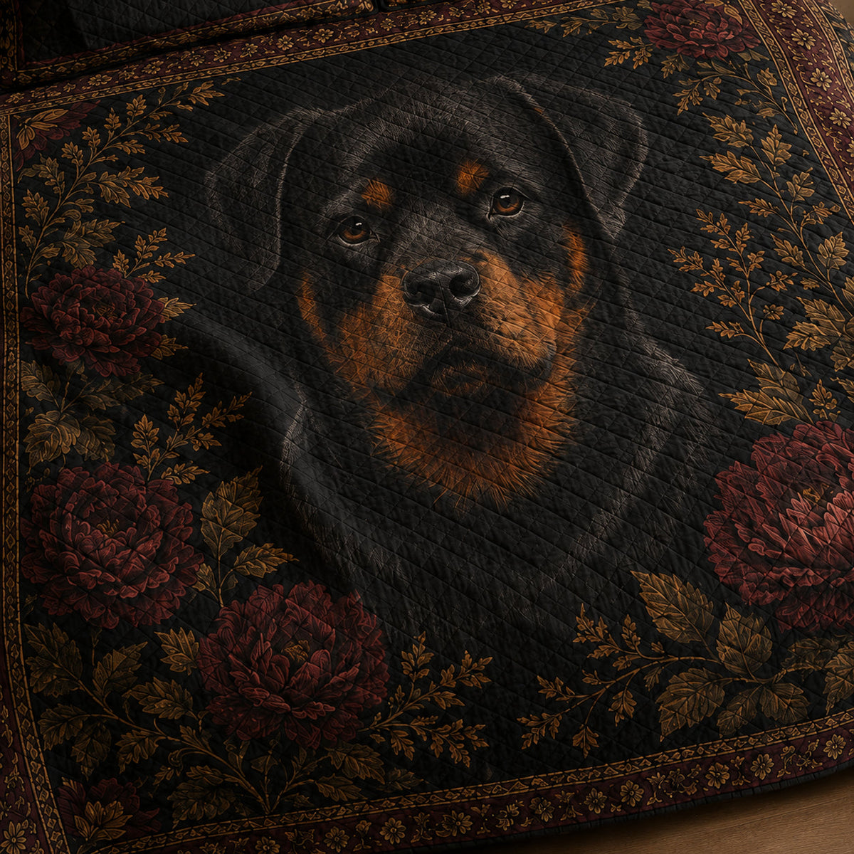 Close-up of the Rottweiler portrait and printed quilt artwork