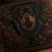 Close-up of the Rottweiler portrait and printed quilt artwork