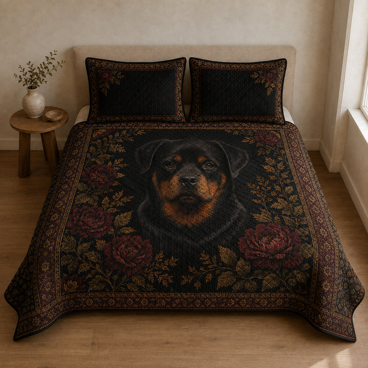 Front view of Rottweiler quilt set with two coordinating pillow shams