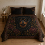 Front view of Rottweiler quilt set with two coordinating pillow shams