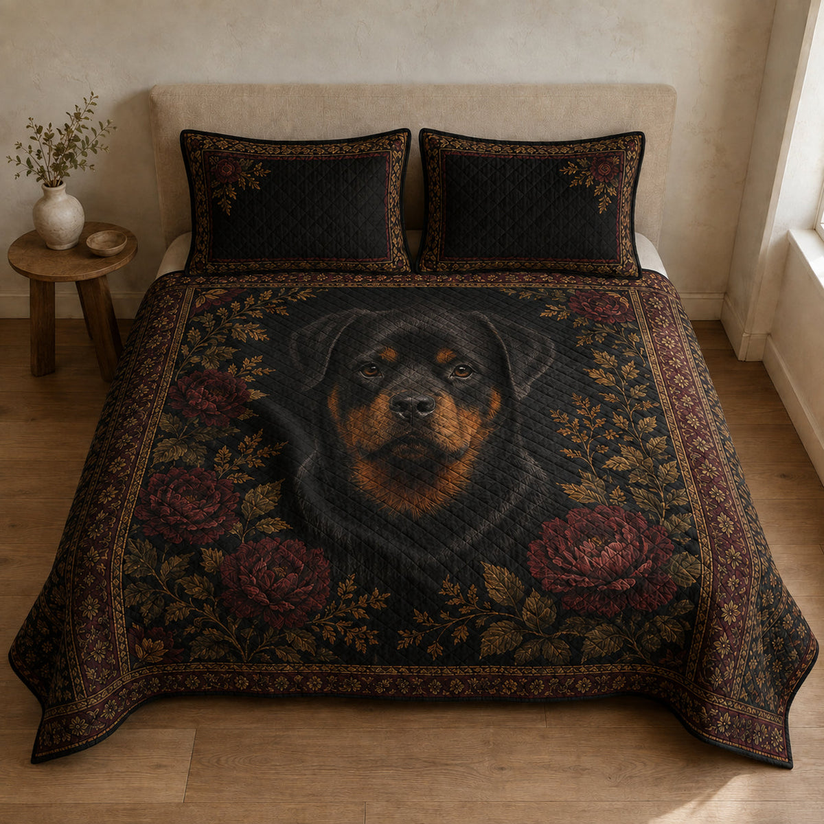 Rottweiler renaissance botanical quilt set in a cozy bedroom, high-angle view