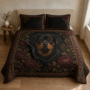 Rottweiler renaissance botanical quilt set in a cozy bedroom, high-angle view