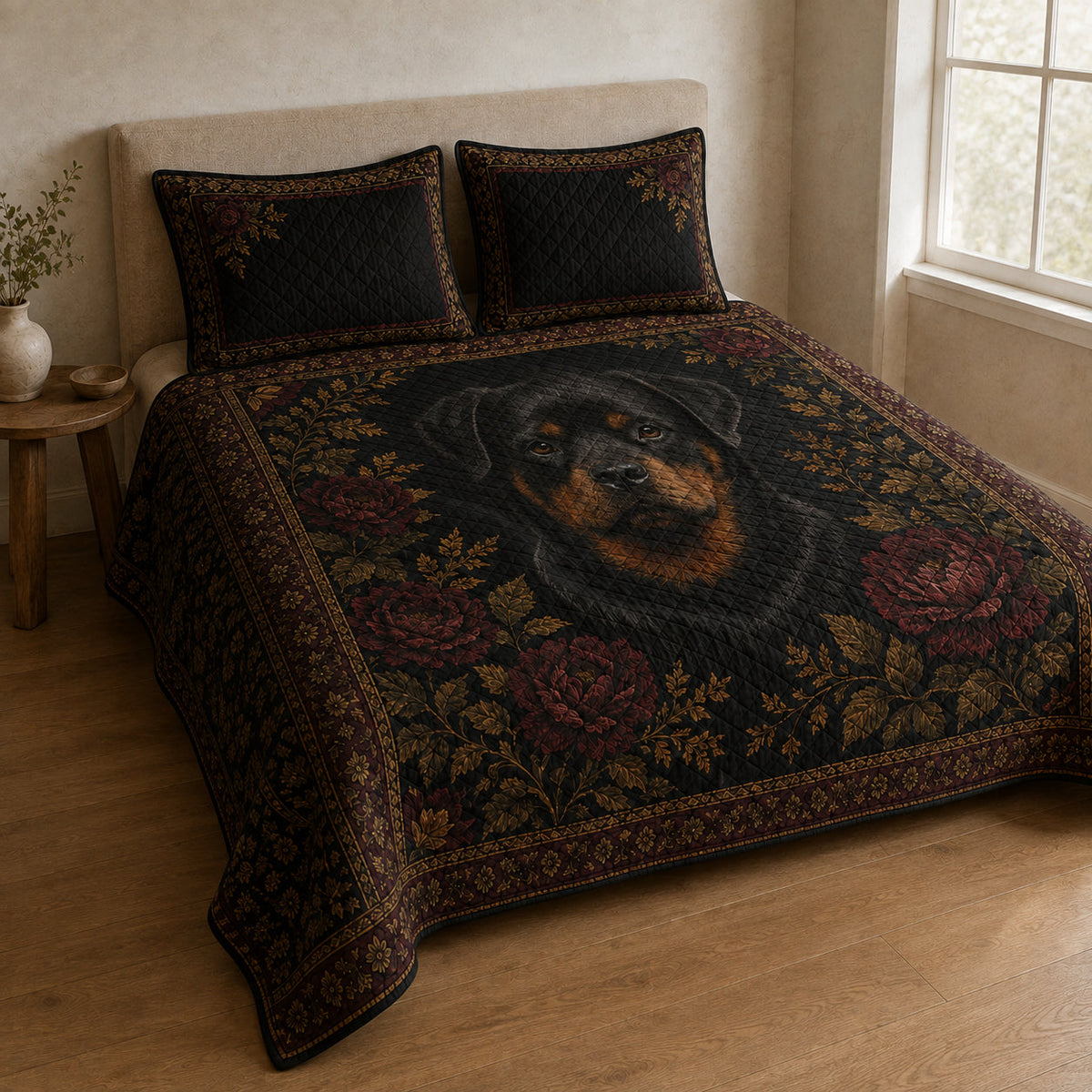 Side-angle bedroom view showing the Rottweiler quilt design