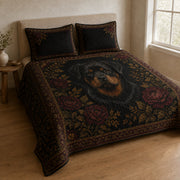 Side-angle bedroom view showing the Rottweiler quilt design