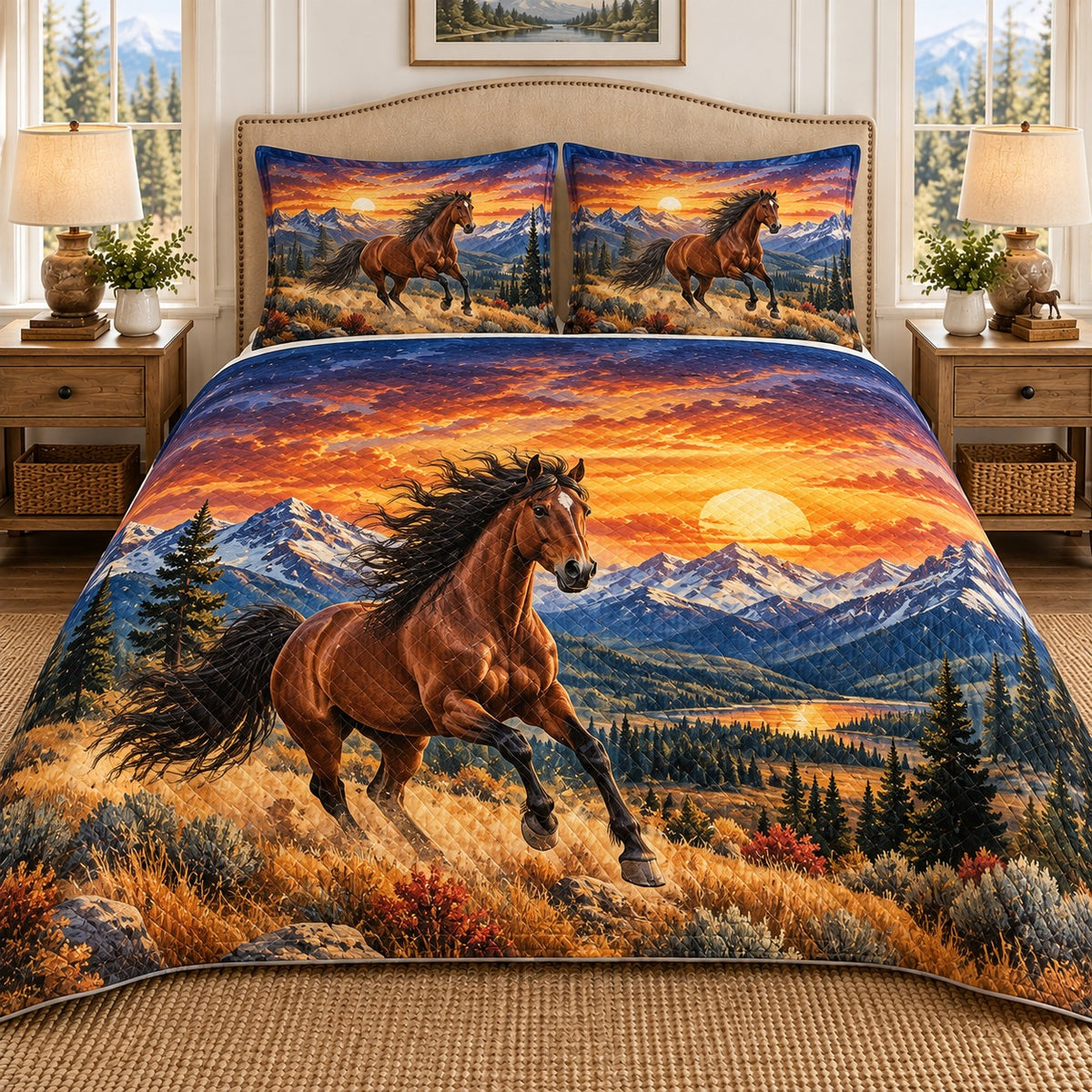 Running horse mountain sunset quilt set, view 1, AI-generated product mockup