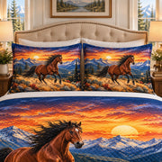 Running horse mountain sunset quilt set, view 2, AI-generated product mockup