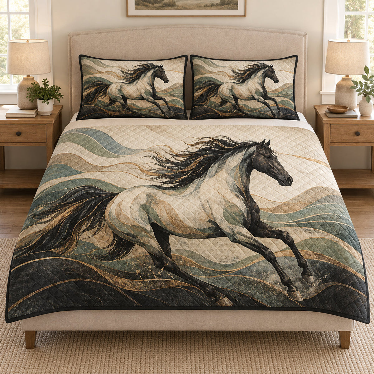 Running Horse Western Art quilt design with coordinating pillow shams