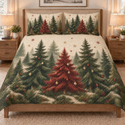 Rustic Christmas Tree Forest quilt set displayed on a bed with coordinating pillow shams