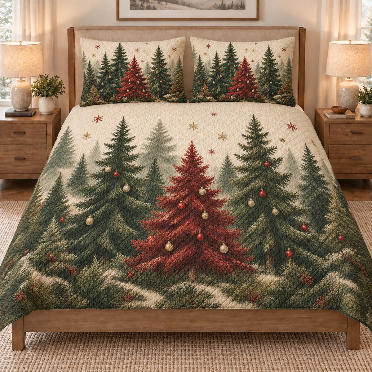 Rustic Christmas Tree Forest quilt set displayed on a bed with coordinating pillow shams
